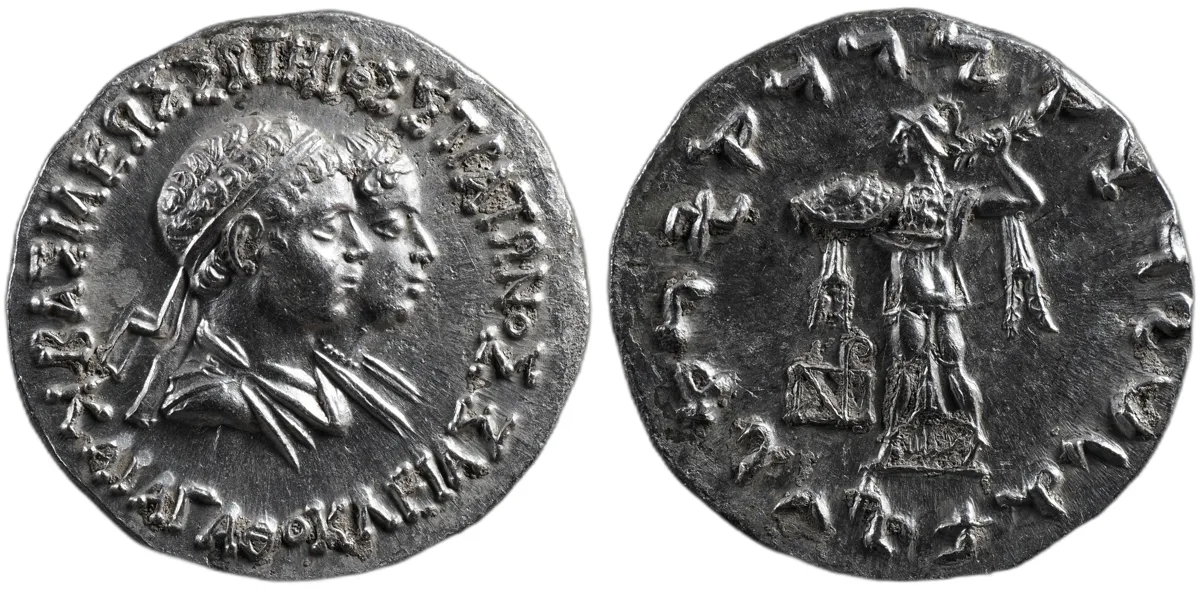 Agathokleia & Strato I AR Tetradrachm, ca. 105–80 BC, bilingual