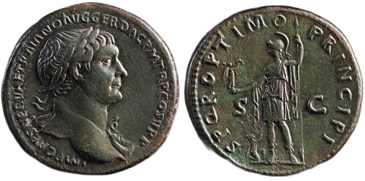 Trajan AE Sestertius, Rome, AD 103-111, SPQR OPTIMO PRINCIPI, RIC 483