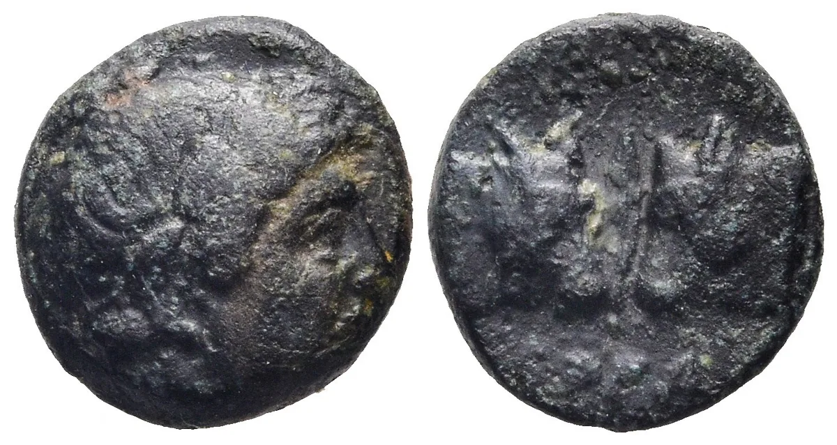 MYSIA. Pergamon (Circa 450 BC). AE. Confronted Bulls & Head of Apollo