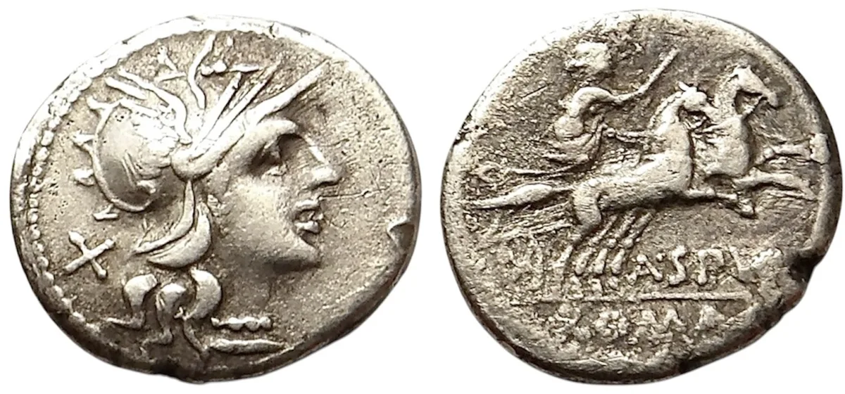 The Roman Republic. A. Spurius or A. Spurilius. AR Denarius ( 3.79 g). Rome, 139 BC.