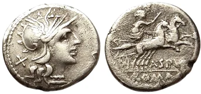 The Roman Republic. A. Spurius or A. Spurilius. AR Denarius ( 3.79 g). Rome, 139 BC.