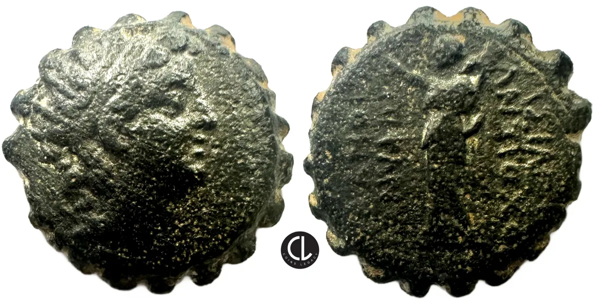 Seleukid Kingdom, Antiochus VI Dionysus, AE Serrated, Circa 144-142 BC, Antioch Mint, Radiate Head / Nike