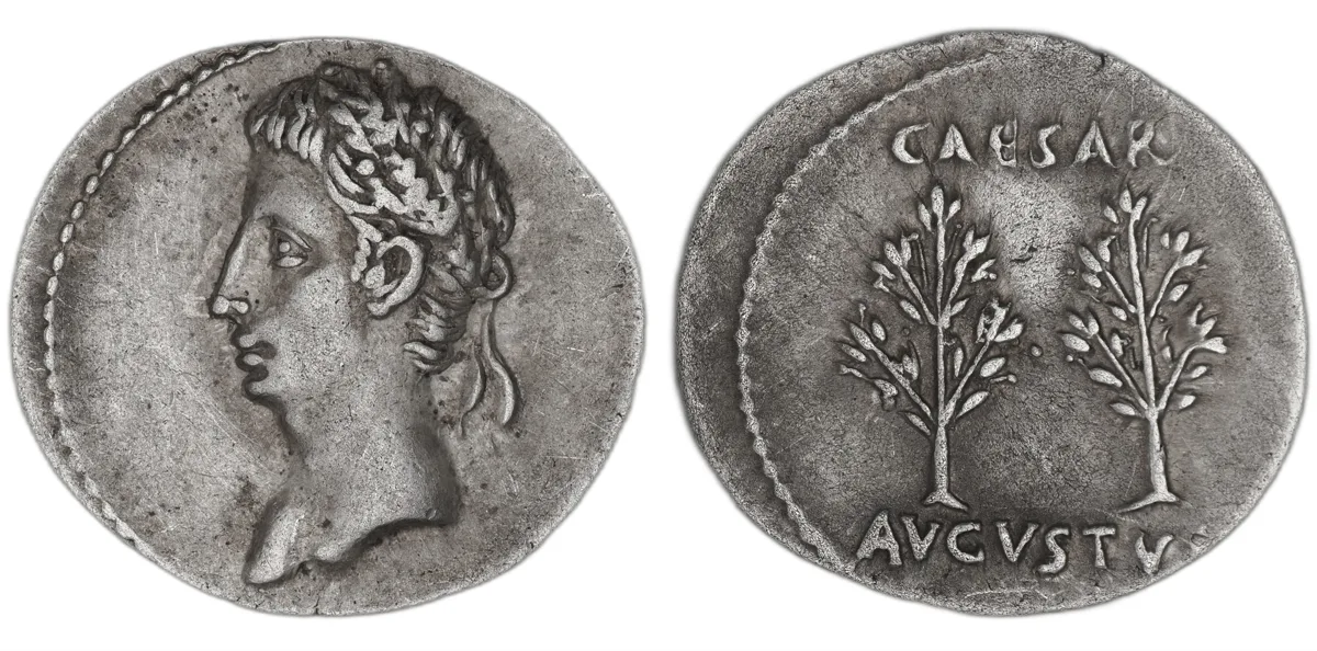 Augustus AR Denarius, Caesaraugusta, 19–18 BC, corona civica, RIC I2 33B
