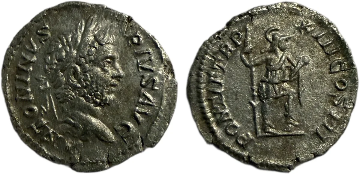 CARACALLA AR silver denarius. Rome, 209 AD. Virtus standing right