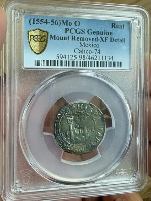 PCGS XF Toned 1554-1556 Cob 1 Real Mexico; Carlos & Joanna Spanish coin