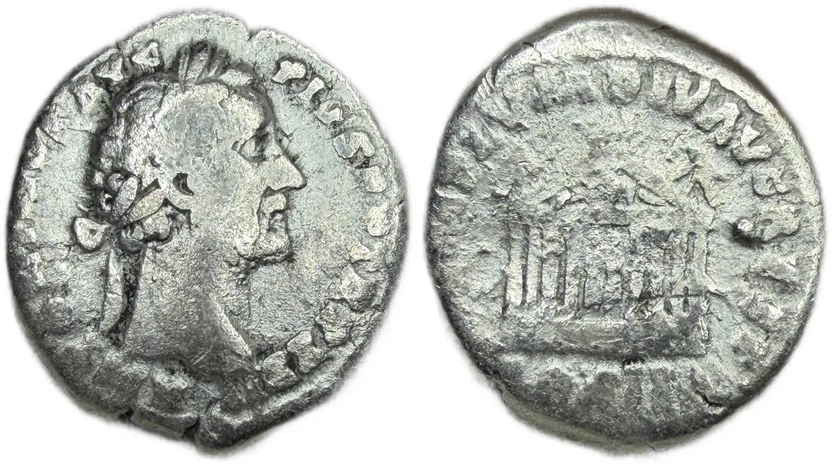 Antoninus Pius Denarius 158 - 159 AD Octostyle temple RIC 144 2.89 Grams