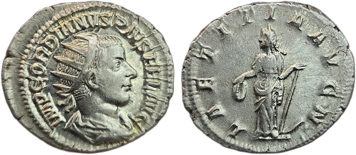 Gordian III Silver Antoninianus – RIC IV #86 241-243 Laetitia with Anchor