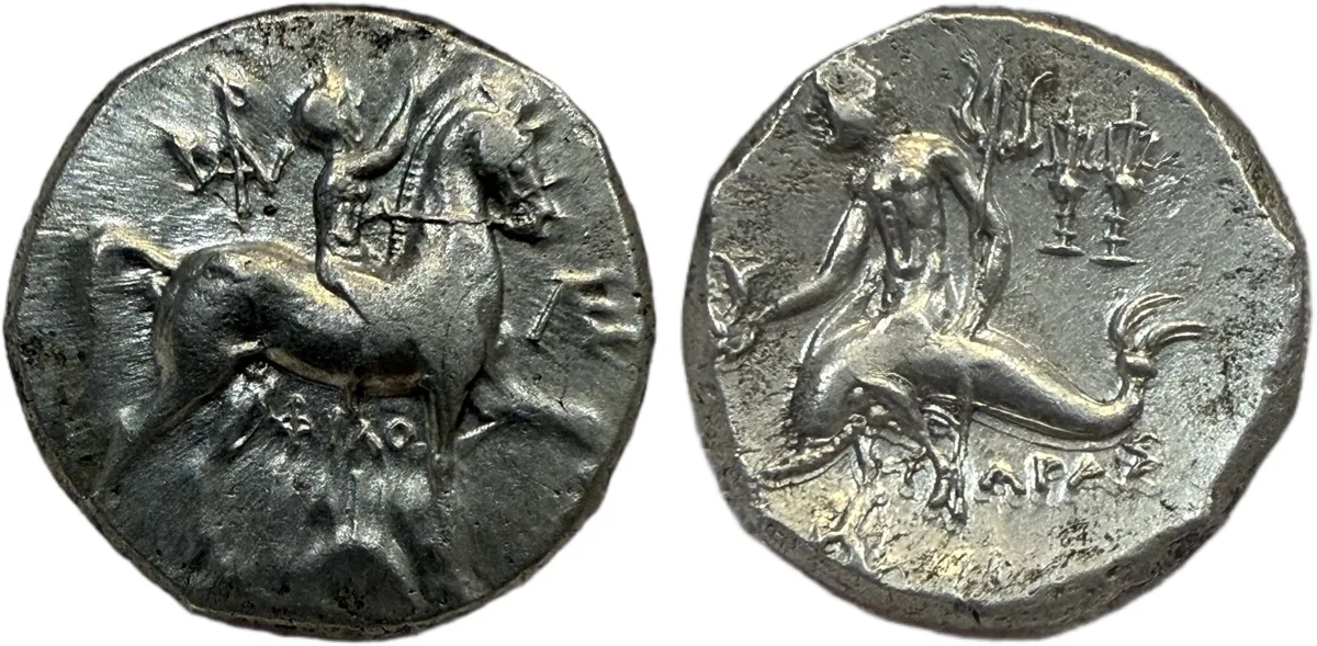 Calabria. Tarentum. Circa 240-228 BC. Silver Didrachm or Nomos