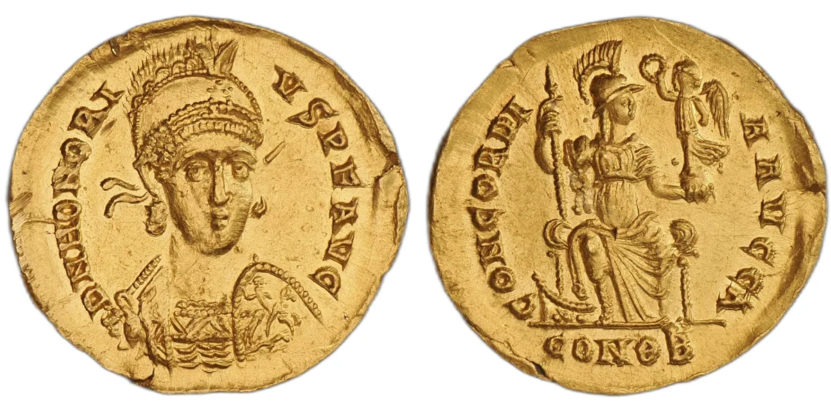 Honorius, AD 393-402. AV Soldius, Ravenna Mint.