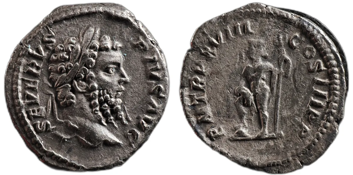 Septimius Severus AR Denarius, Rome AD 210, Neptune on Globe, RIC IV 234