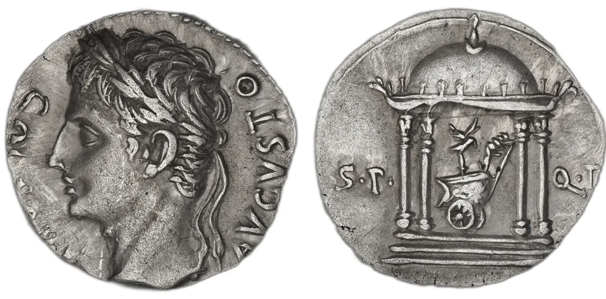 Augustus AR Denarius, Colonia Patricia, 18 BC, SPQR temple & currus