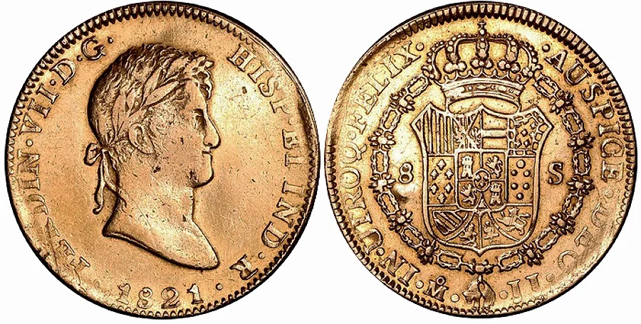 1821-Mo-JJ Mexico Ferdinand VII (1808-1833), gold 8 Escudos, Mexico City mint. gVF Very Scarce