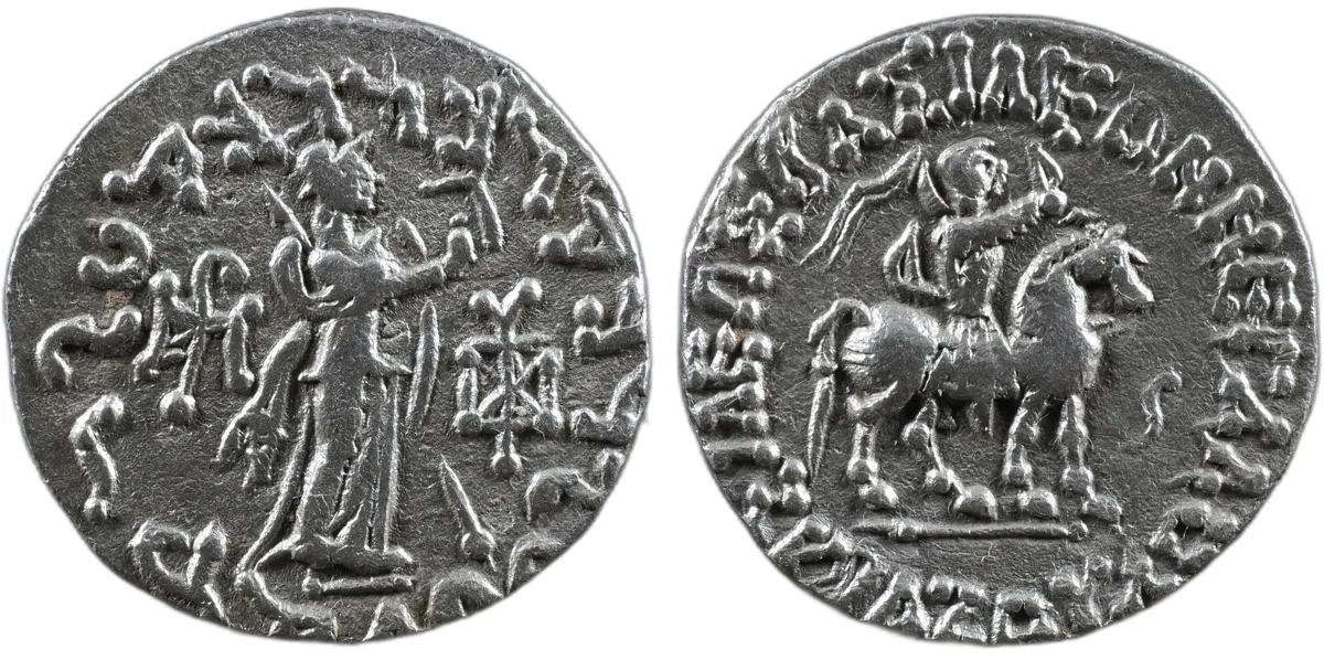 Azes II Indo-Scythian AR Tetradrachm, Bilingual Horseman/Athena, 35-12 BC