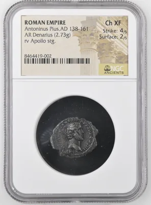 NGC Ch XF Antoninus Pius Silver Denarius Apollo Lyre Rome 144 AD