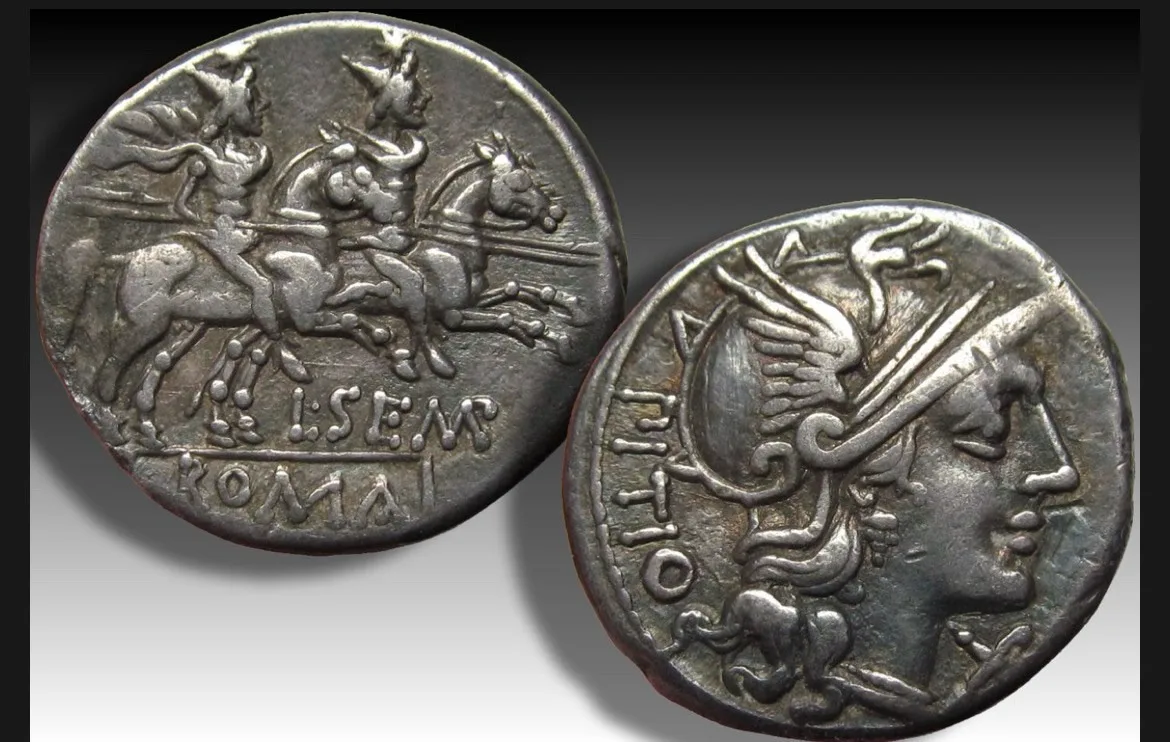 AR silver denarius L. Sempronius Pitio, Rome mint 148 B.C.