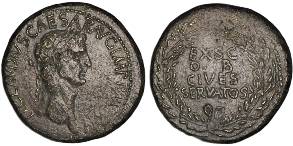 Claudius I AE Sestertius, Rome, AD 41-50, EX SC OB CIVES SERVATOS, RIC I 96