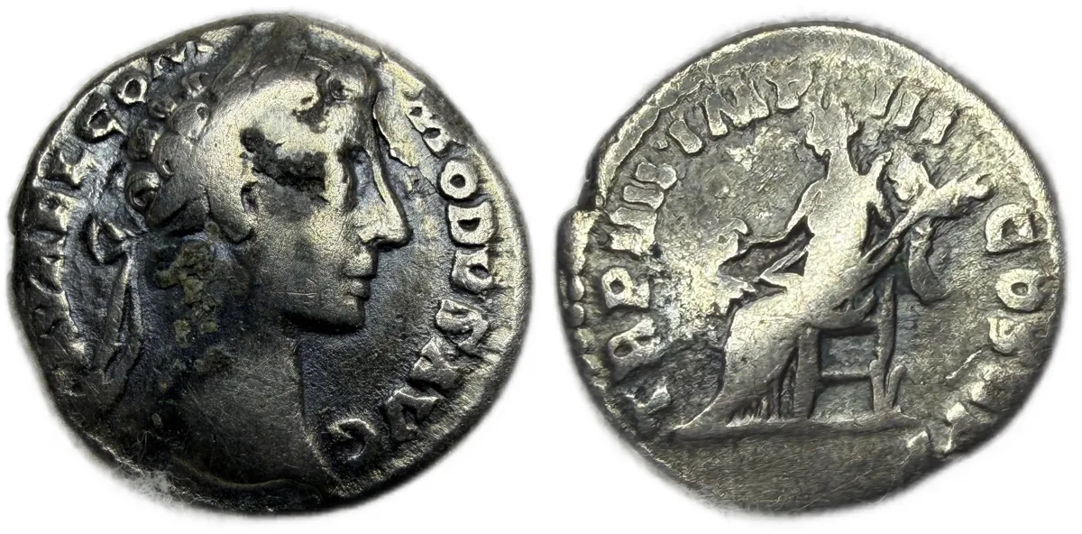 Commodus Denarius. Young Commodus / Victory Seated RIC 666