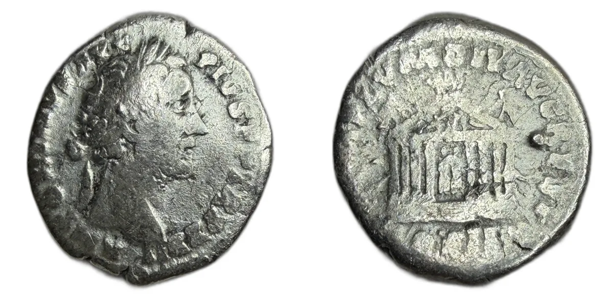 Antoninus Pius Denarius 158 - 159 AD Octostyle temple RIC 144 2.89 Grams