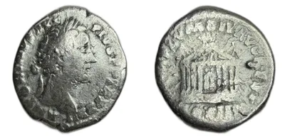 Antoninus Pius Denarius 158 - 159 AD Octostyle temple RIC 144 2.89 Grams