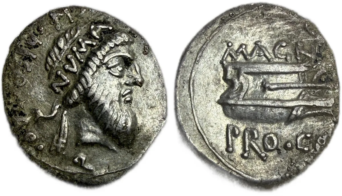 Cn. Pompeius Magnus and Cn. Calpurnius Piso. Denarius