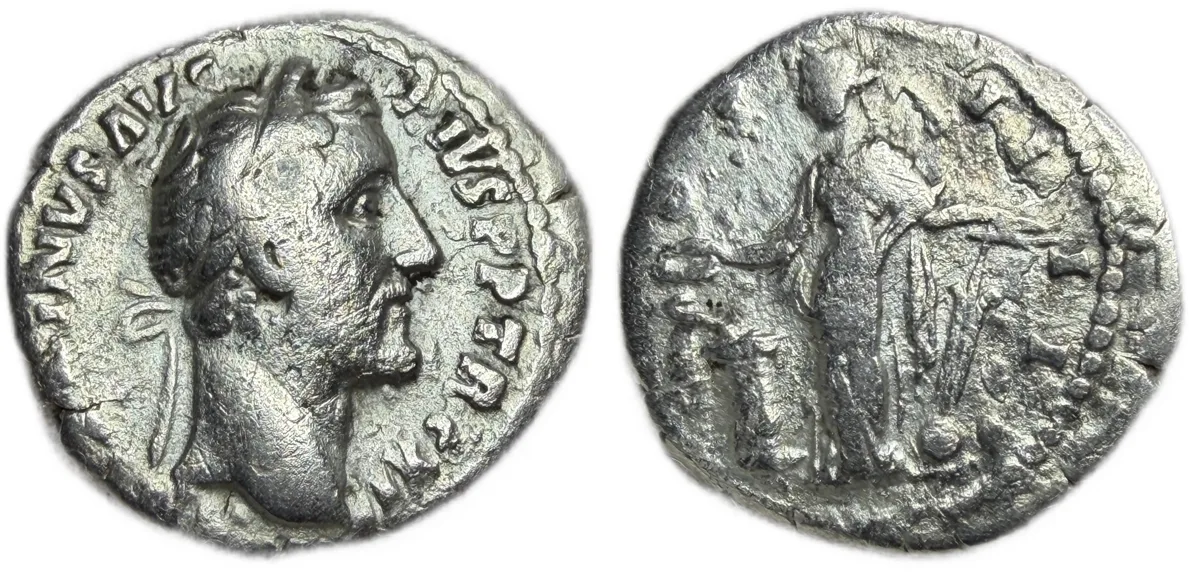 ANTONINUS PIUS AR Denarius Salus feeding snake