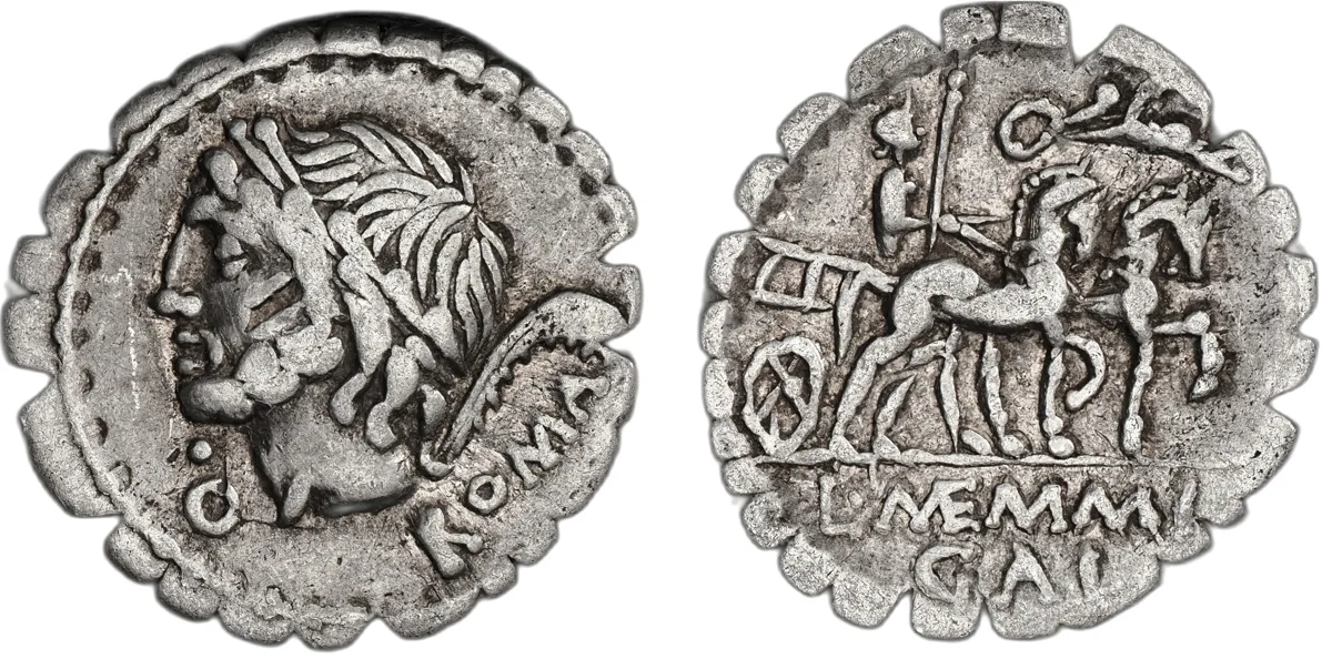 L. Memmius, Galeria, 106 BC, Serrate Denarius