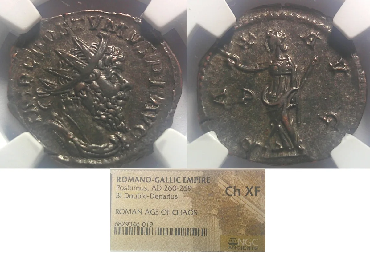 ROMANO-GALLIC EMPIRE, Postumus AD 260-269, BI Double-Denarius, ROMAN AGE OF CHAOS, Ch XF NGC