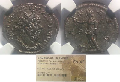 ROMANO-GALLIC EMPIRE, Postumus AD 260-269, BI Double-Denarius, ROMAN AGE OF CHAOS, Ch XF NGC