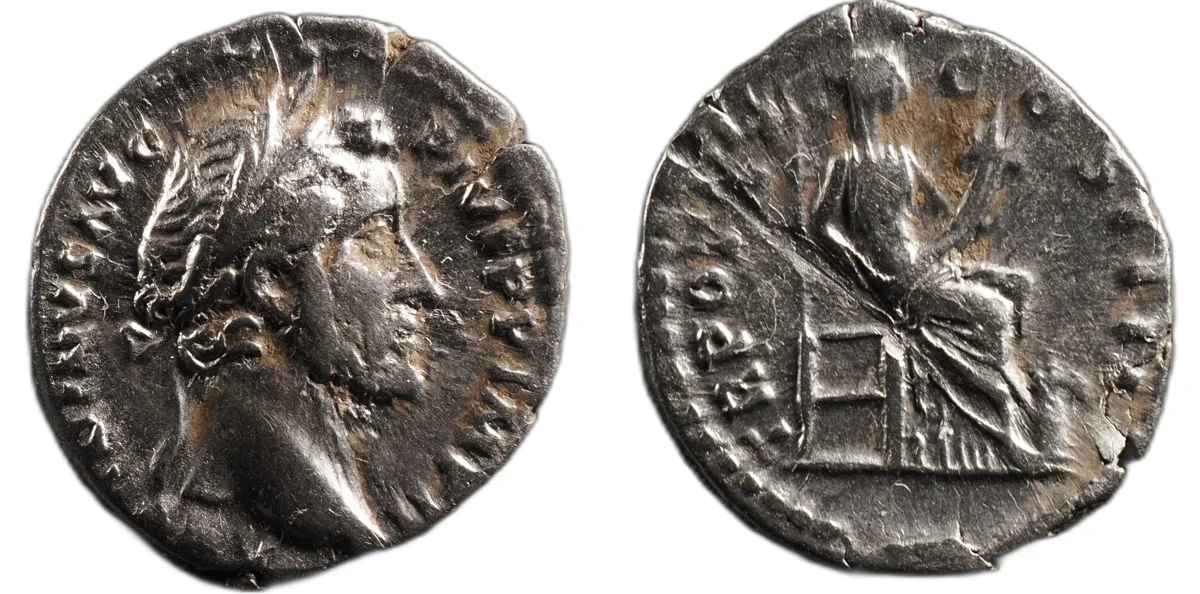 Antoninus Pius AR Denarius, Rome AD 155-156, Annona seated, RIC 250