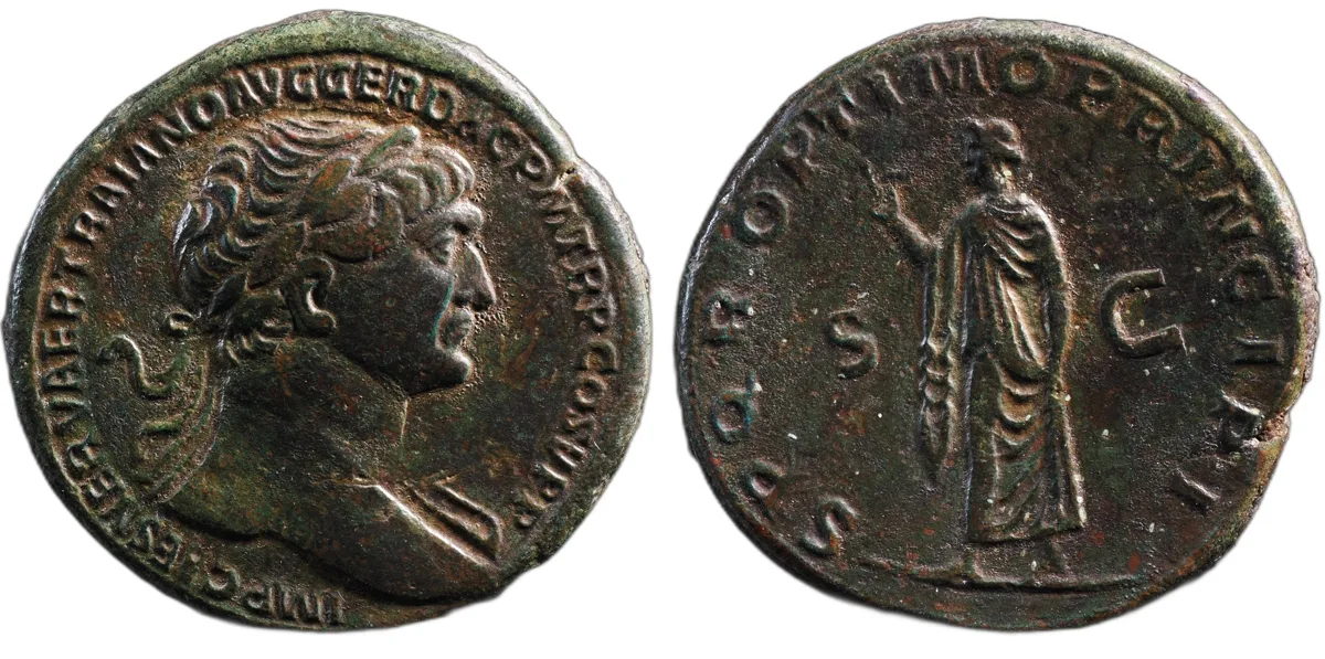 Trajan AE Sestertius, OPTIMO PRINCIPI, Rome 114–117 AD, Spes, RIC II 519