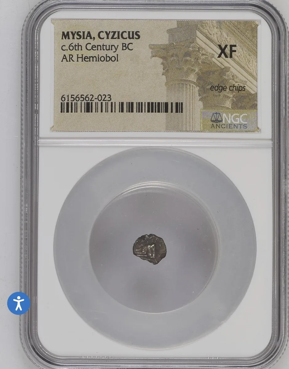 NGC XF, 600 BC coin- Hemiobol from Cyzicus in Mysia 6th century BC