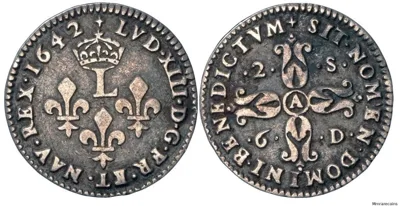 1642A France Louis XIII, Essai in silver of 2 Sols 6 Deniers in gVF extremely rare