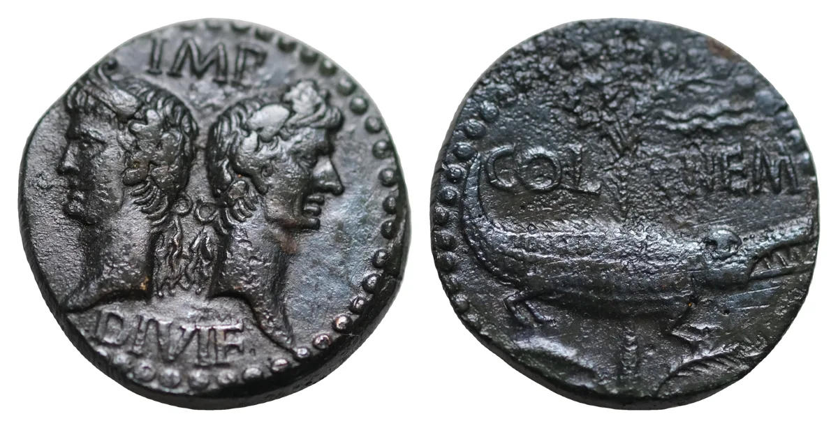 Augustus, with Agrippa. 27 BC-AD 14. Æ Dupondius (27mm, 12,76g, 12h). Nemausus (Nîmes) mint. Struck circa AD 10-14COL NEM, crocodile right chained to palm branch; wreath with lon