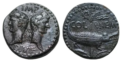 Augustus, with Agrippa. 27 BC-AD 14. Æ Dupondius (27mm, 12,76g, 12h). Nemausus (Nîmes) mint. Struck circa AD 10-14COL NEM, crocodile right chained to palm branch; wreath with lon
