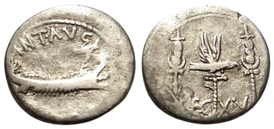The Roman Imperatorial. Mark Antony, 44-30 BC. AR Denarius (3.50 g), military mint moving with Mark Antony (Patrae?), 32-31 BC.