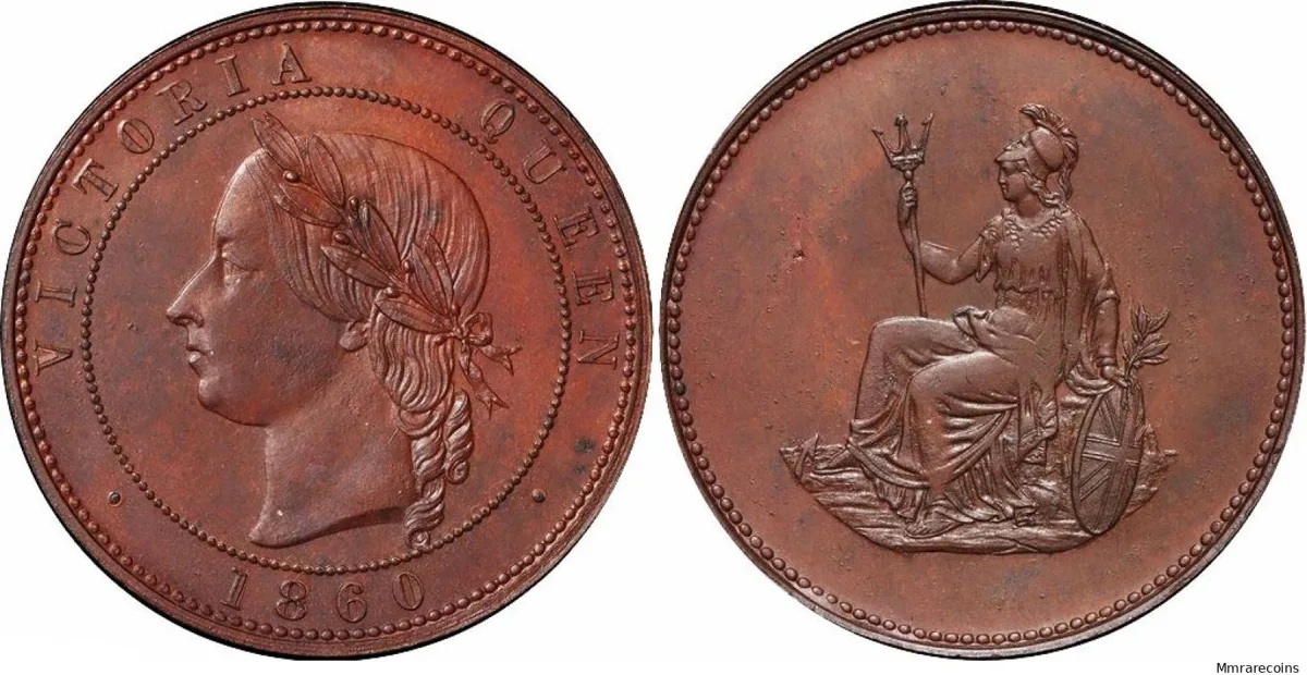 1860 Queen Victoria Bronzed Copper Pattern Penny by Joseph Moore, F856, R18. Excessively rare