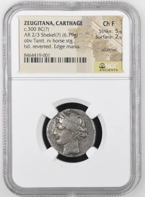 Carthage Silver 2/3 Shekel 3rd Century Zeugitana Tanit Horse NGC Ch F