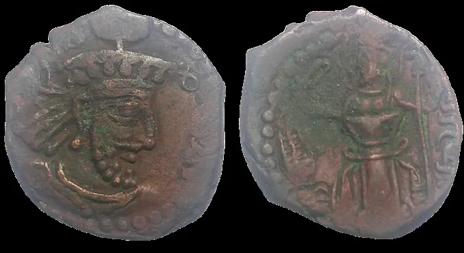 KUSHANO-SASANIANS. Bahram (Varhran) I - Kushanshah (circa 325-350 AD). AE 14.6mm 1.77gm Unit - Pashiz. Balkh. Brown patina