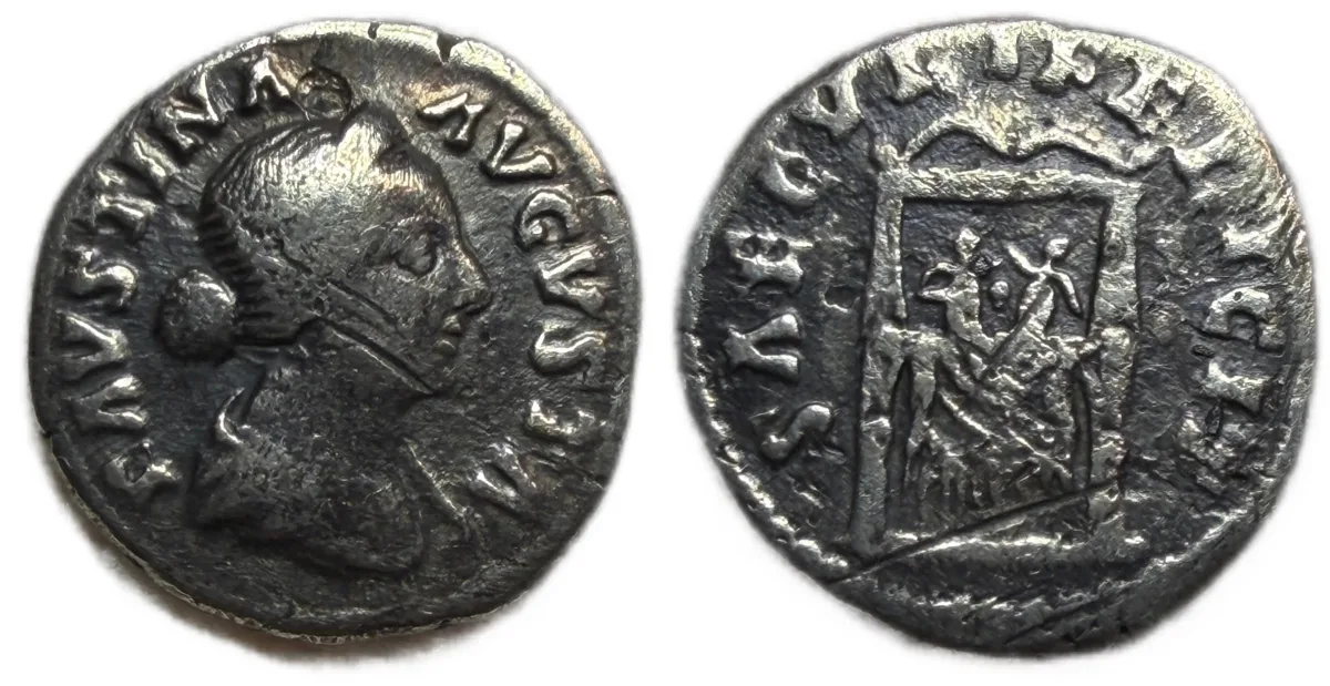 Diva Faustina Junior, 175/6. Denarius (2.30 g), Rome Draped Throne and peacock