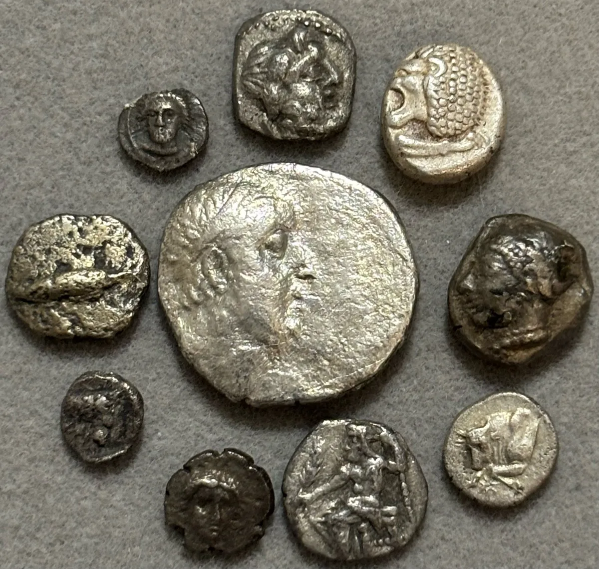 Lot of 10 Greek Silver pieces- Drachm Obol Tetartemorion etc.