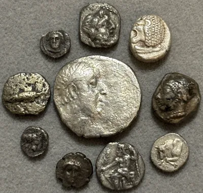 Lot of 10 Greek Silver pieces- Drachm Obol Tetartemorion etc.