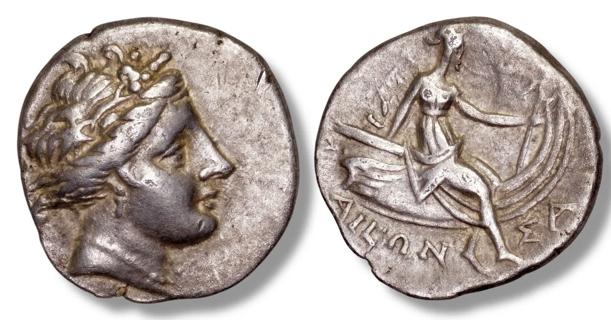 EUBOIA, Histiaia. AR Tetrobol, 3rd-2nd c. BC. Histiaia / Histiaia seated on prow