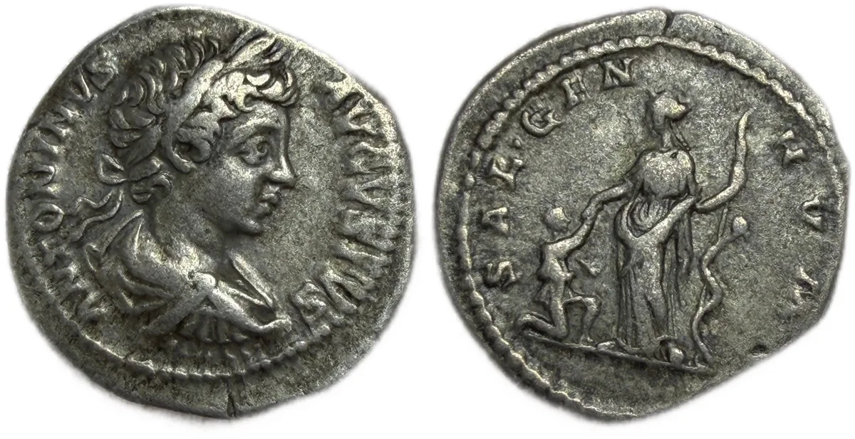 Caracalla AR Denarius "Salus Raising Kneeling Woman" Laodicea