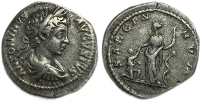 Caracalla AR Denarius "Salus Raising Kneeling Woman" Laodicea