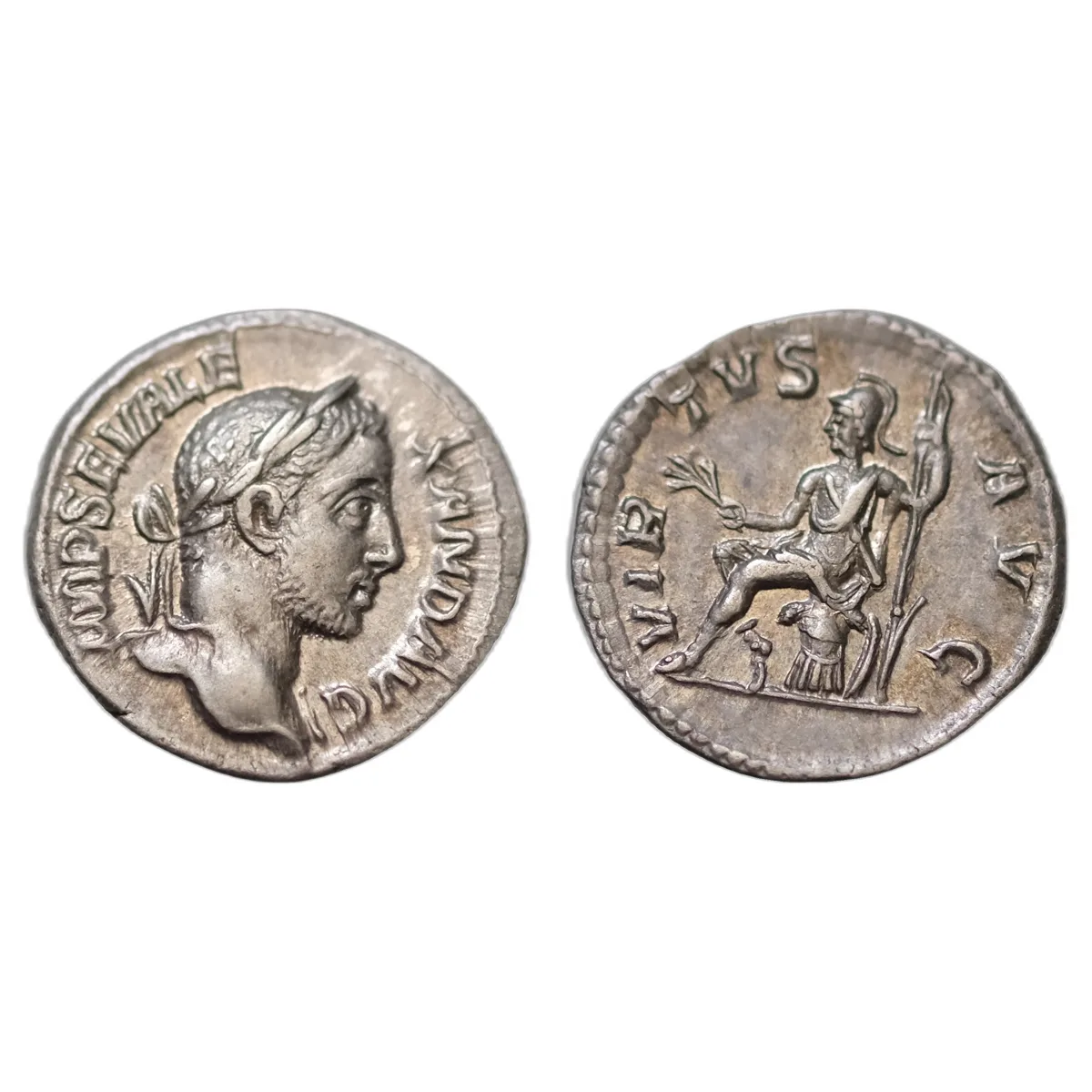 Severus Alexander. AD 222-235. AR 18mm Denarius (3.25 g, ). Rome mint. , AD 230. Laureate head right / Virtus seated left on cuirass, holding branch and scepter. Superb EF.