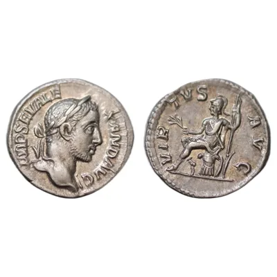 Severus Alexander. AD 222-235. AR 18mm  Denarius (3.25 g, ). Rome mint. , AD 230. Laureate head right / Virtus seated left on cuirass, holding branch and scepter. Superb EF.