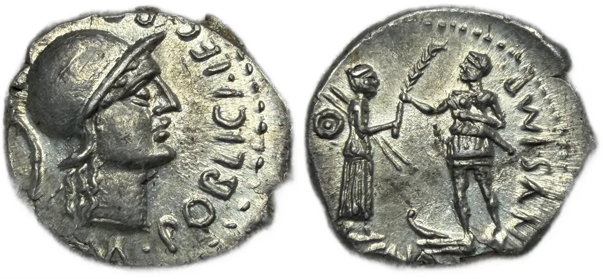 Cn. Pompeius Magnus and M. Poblicius. Denarius