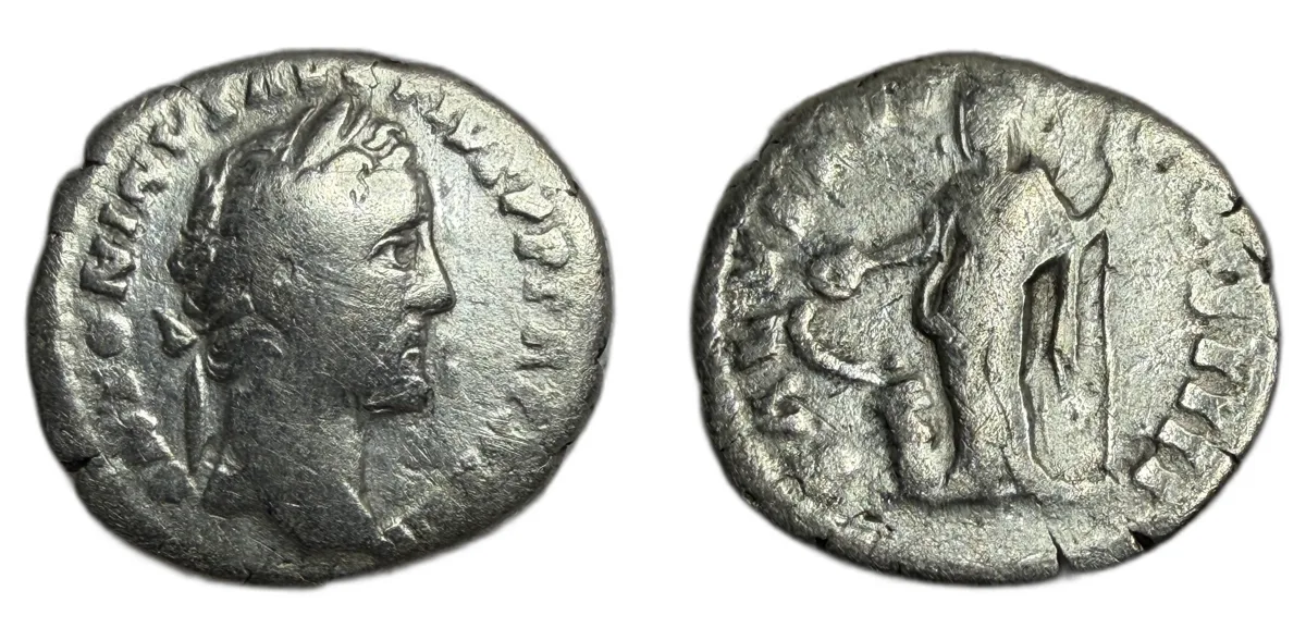 ANTONINUS PIUS. 138-161 AD. AR Denarius Salus feeding snake