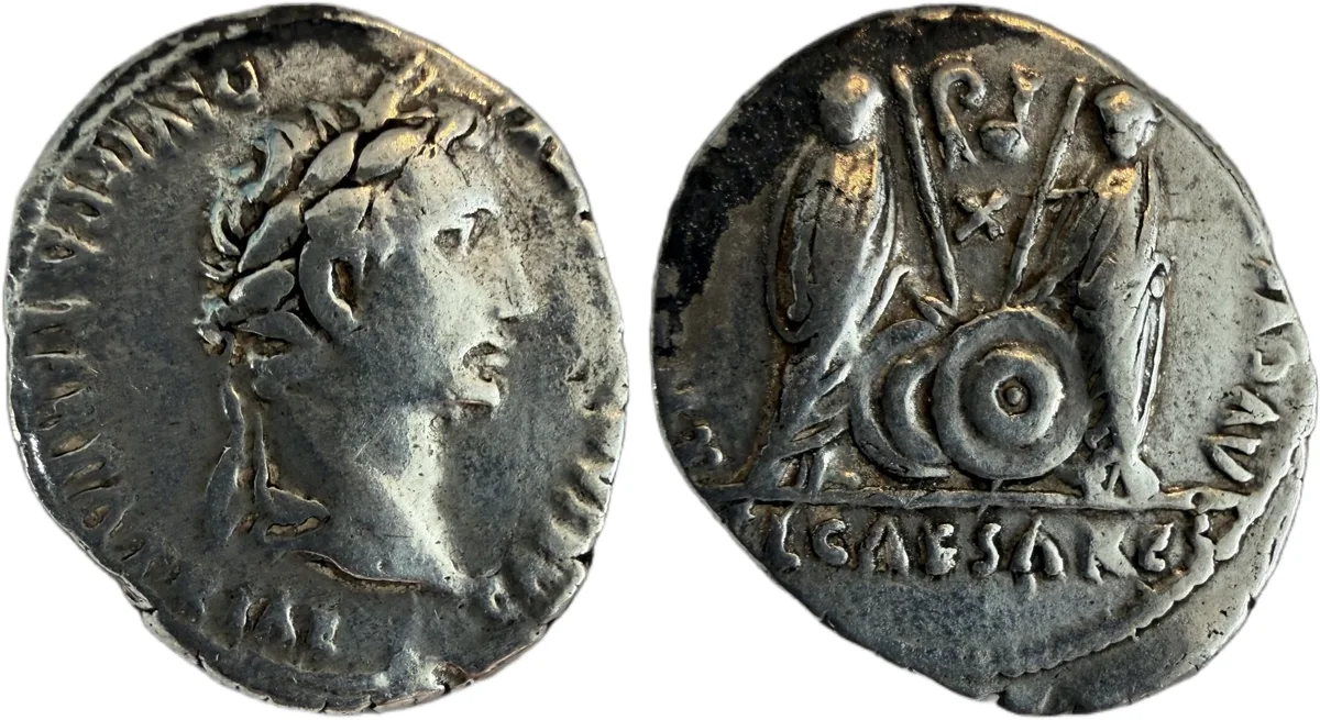 Octavian as Augustus, 27 BC – 14 AD Denarius Lugdunum Gaius/Lucius