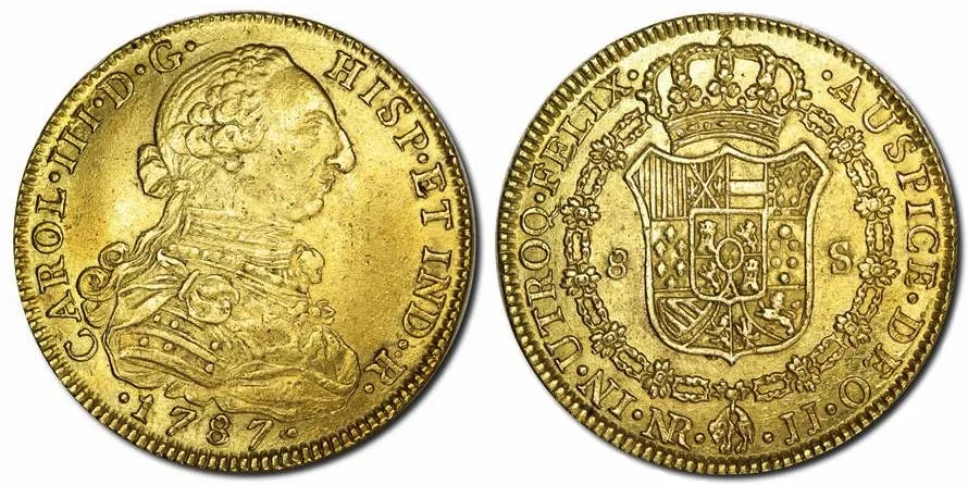 1787 NR JJ Colombia, Charles IIII Gold 8 Escudos in EF and very scarce, Nuevo Reino mint.